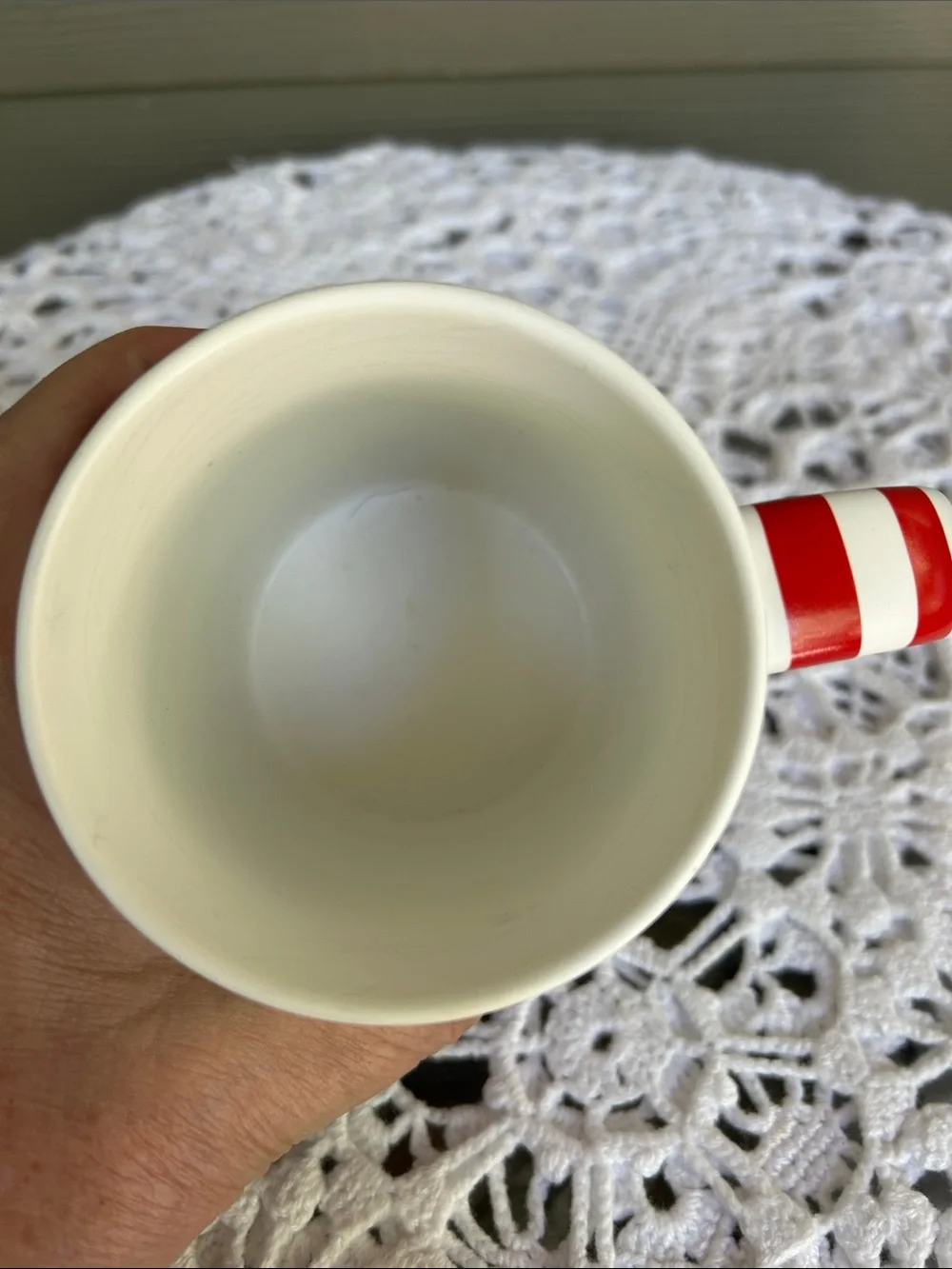 Starbucks White Mug with Green Leaf Motif and Red-White Striped Handle